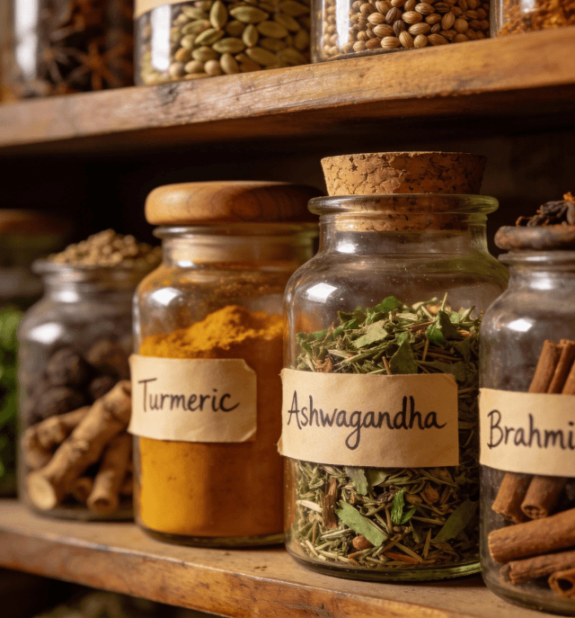 Ayurvedic herbs including ashwagandha, turmeric, and brahmi used for natural wellness